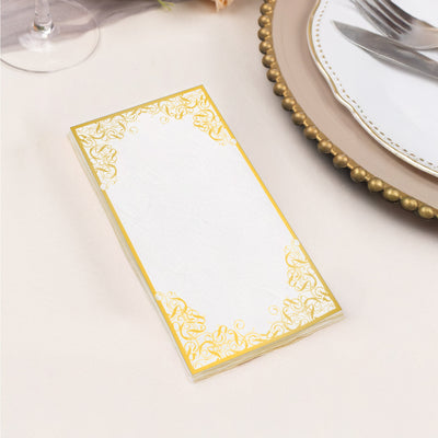 50-Pack Paper Dinner Napkins 8"x4" White with Gold Foil Lace Design - Soft 2 Ply European Style Napkins