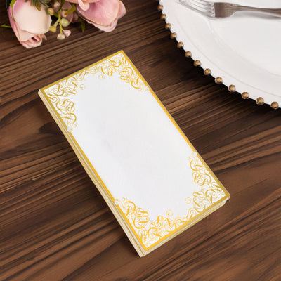 50-Pack Paper Dinner Napkins 8"x4" White with Gold Foil Lace Design - Soft 2 Ply European Style Napkins