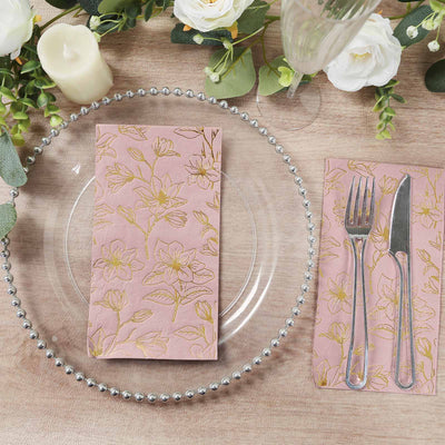 50-Pack Paper Dinner Napkins 2-Ply Dusty Rose with Gold Magnolia Flowers Print - Soft and Highly Absorbent Party Napkins