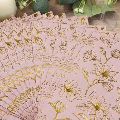 50-Pack Paper Dinner Napkins 2-Ply Dusty Rose with Gold Magnolia Flowers Print - Soft and Highly Absorbent Party Napkins