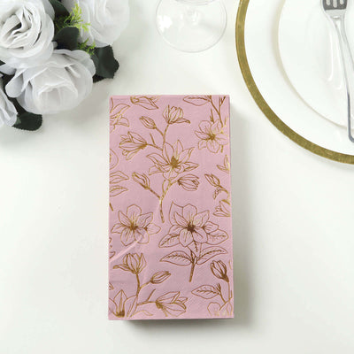 50-Pack Paper Dinner Napkins 2-Ply Dusty Rose with Gold Magnolia Flowers Print - Soft and Highly Absorbent Party Napkins