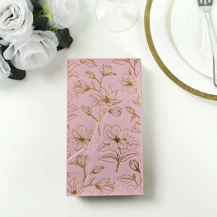 50 Pack Dusty Rose 2-Ply Paper Dinner Napkins with Gold Magnolia Flowers Print