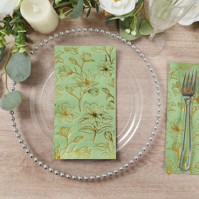 50-Pack Paper Dinner Napkins 2-Ply Sage Green with Gold Magnolia Flowers Print - Soft and Highly Absorbent Party Napkins