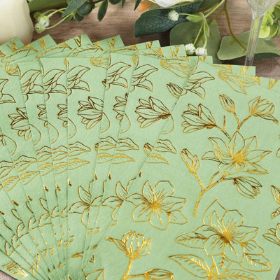 50-Pack Paper Dinner Napkins 2-Ply Sage Green with Gold Magnolia Flowers Print - Soft and Highly Absorbent Party Napkins