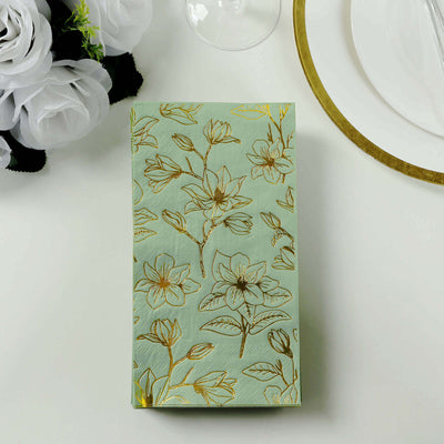 50-Pack Paper Dinner Napkins 2-Ply Sage Green with Gold Magnolia Flowers Print - Soft and Highly Absorbent Party Napkins