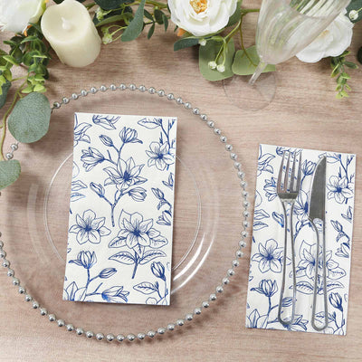 50-Pack Paper Dinner Napkins 2-Ply White with Blue Flowers Print - Soft and Highly Absorbent Party Napkins