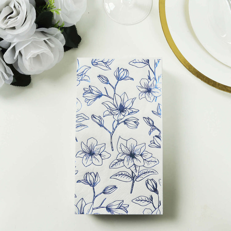 50 Pack White 2-Ply Paper Dinner Napkins with Blue Magnolia Flowers Print