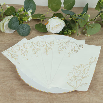 50 Pack White 2-Ply Paper Dinner Napkins with Gold Lilly Flowers Print, Highly Absorbent Soft Disposable Party Napkins
