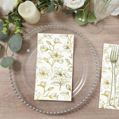 50-Pack Paper Dinner Napkins 2-Ply White with Gold Magnolia Flowers Print - Soft and Highly Absorbent Party Napkins