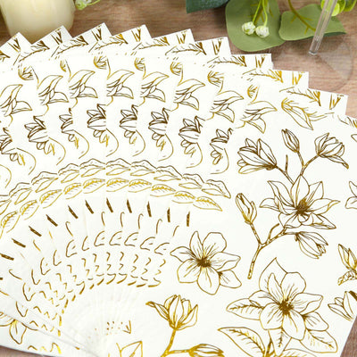 50-Pack Paper Dinner Napkins 2-Ply White with Gold Magnolia Flowers Print - Soft and Highly Absorbent Party Napkins