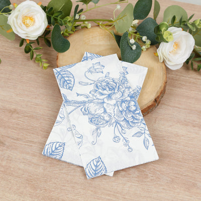 50-Pack Paper Dinner Napkins 2-Ply White with Matte Blue French Toile Floral Pattern - Soft Disposable Party Napkins