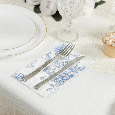 50-Pack Paper Dinner Napkins 2-Ply White with Matte Blue French Toile Floral Pattern - Soft Disposable Party Napkins
