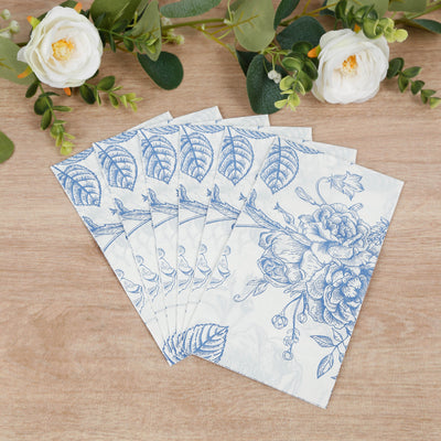 50-Pack Paper Dinner Napkins 2-Ply White with Matte Blue French Toile Floral Pattern - Soft Disposable Party Napkins