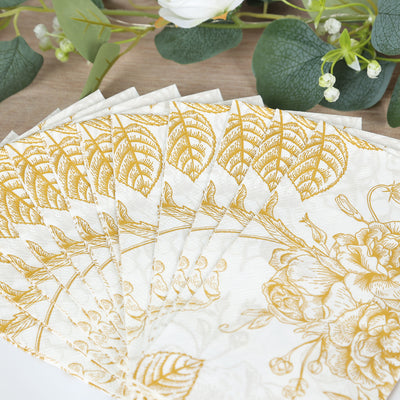 50-Pack Paper Dinner Napkins 2-Ply White with Gold French Toile Floral Pattern - Soft Disposable Party Napkins