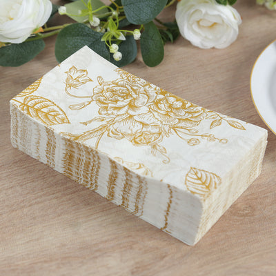 50-Pack Paper Dinner Napkins 2-Ply White with Gold French Toile Floral Pattern - Soft Disposable Party Napkins