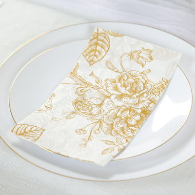 50-Pack Paper Dinner Napkins 2-Ply White with Gold French Toile Floral Pattern - Soft Disposable Party Napkins