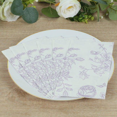 50 Pack 2-Ply Paper Dinner Napkins in French Toile Floral Pattern, Matte Lavender and White Highly Absorbent Soft Disposable Party Napkins