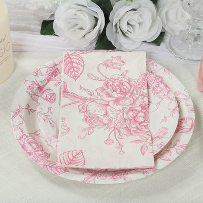 50 Pack 2-Ply Paper Dinner Napkins in French Toile Floral Pattern, Matte Pink and White Highly Absorbent Soft Disposable Party Napkins