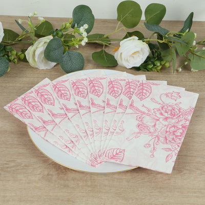 50 Pack 2-Ply Paper Dinner Napkins in French Toile Floral Pattern, Matte Pink and White Highly Absorbent Soft Disposable Party Napkins