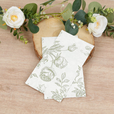 50-Pack Paper Dinner Napkins 2-Ply White with Matte Sage Green French Toile Floral Pattern - Soft Disposable Party Napkins
