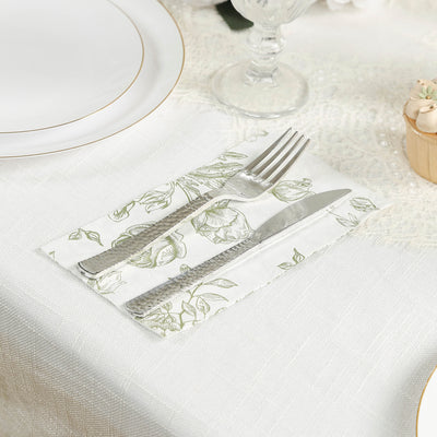 50-Pack Paper Dinner Napkins 2-Ply White with Matte Sage Green French Toile Floral Pattern - Soft Disposable Party Napkins
