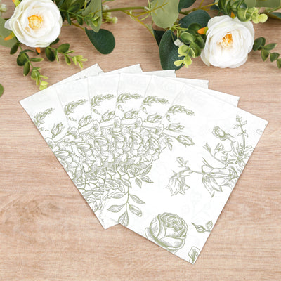 50-Pack Paper Dinner Napkins 2-Ply White with Matte Sage Green French Toile Floral Pattern - Soft Disposable Party Napkins