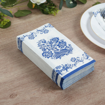 50 Pack 2-Ply Paper Dinner Napkins in White Royal Blue Damask Floral Pattern, Disposable Party Napkins - Highly Absorbent & Soft