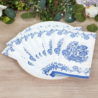 50 Pack 2-Ply Paper Dinner Napkins in White Royal Blue Damask Floral Pattern, Disposable Party Napkins - Highly Absorbent & Soft