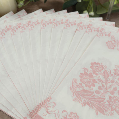 50-Pack Paper Dinner Napkins 2-Ply White with Pink Damask Floral Pattern - Soft and Absorbent Disposable Napkins