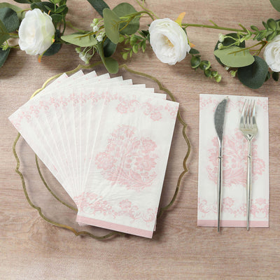 50-Pack Paper Dinner Napkins 2-Ply White with Pink Damask Floral Pattern - Soft and Absorbent Disposable Napkins