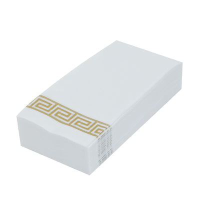 25 Pack Linen-Like Paper Napkins 8"x4" White With Gold Greek Key Design - Soft Hygenic Airlaid Guest Towels for Formal & Casual Dining