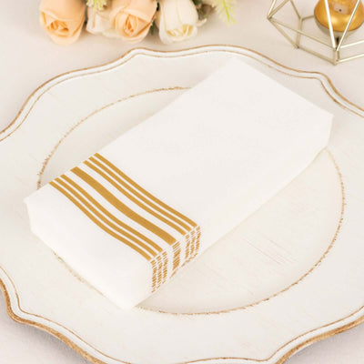 20 Pack Linen-Like Paper Napkins 8"x4" White With Gold Lines - Soft Hygienic Airlaid Guest Towels for Formal & Casual Dining