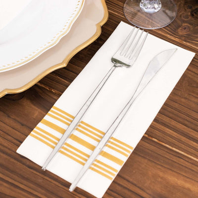 20 Pack Linen-Like Paper Napkins 8"x4" White With Gold Lines - Soft Hygienic Airlaid Guest Towels for Formal & Casual Dining