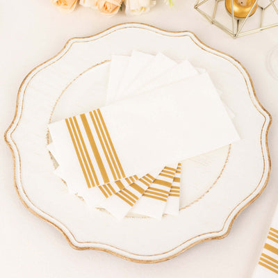 20 Pack Linen-Like Paper Napkins 8"x4" White With Gold Lines - Soft Hygienic Airlaid Guest Towels for Formal & Casual Dining