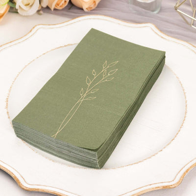 50-Pack Paper Dinner Napkins 2-Ply Dusty Sage Green with Gold Embossed Leaf - Soft Wedding Party Napkins 18 GSM