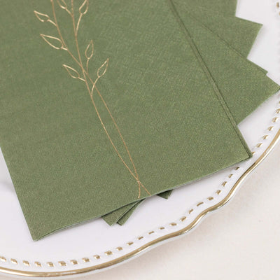 50-Pack Paper Dinner Napkins 2-Ply Dusty Sage Green with Gold Embossed Leaf - Soft Wedding Party Napkins 18 GSM