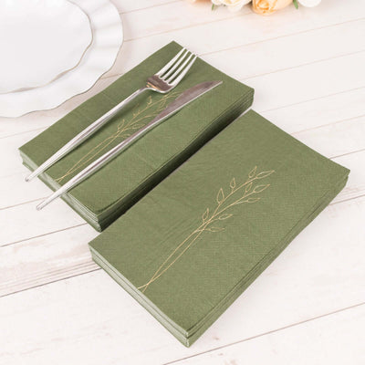 50-Pack Paper Dinner Napkins 2-Ply Dusty Sage Green with Gold Embossed Leaf - Soft Wedding Party Napkins 18 GSM
