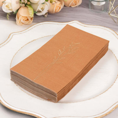 50-Pack Paper Dinner Napkins 2-Ply Terracotta (Rust) with Gold Embossed Leaf - Soft Wedding Party Napkins 18 GSM