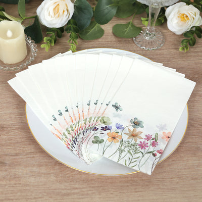 50-Pack Paper Dinner Napkins 8"x4" Wildflower Butterfly Design - Soft and Absorbent 2 Ply Disposable Napkins