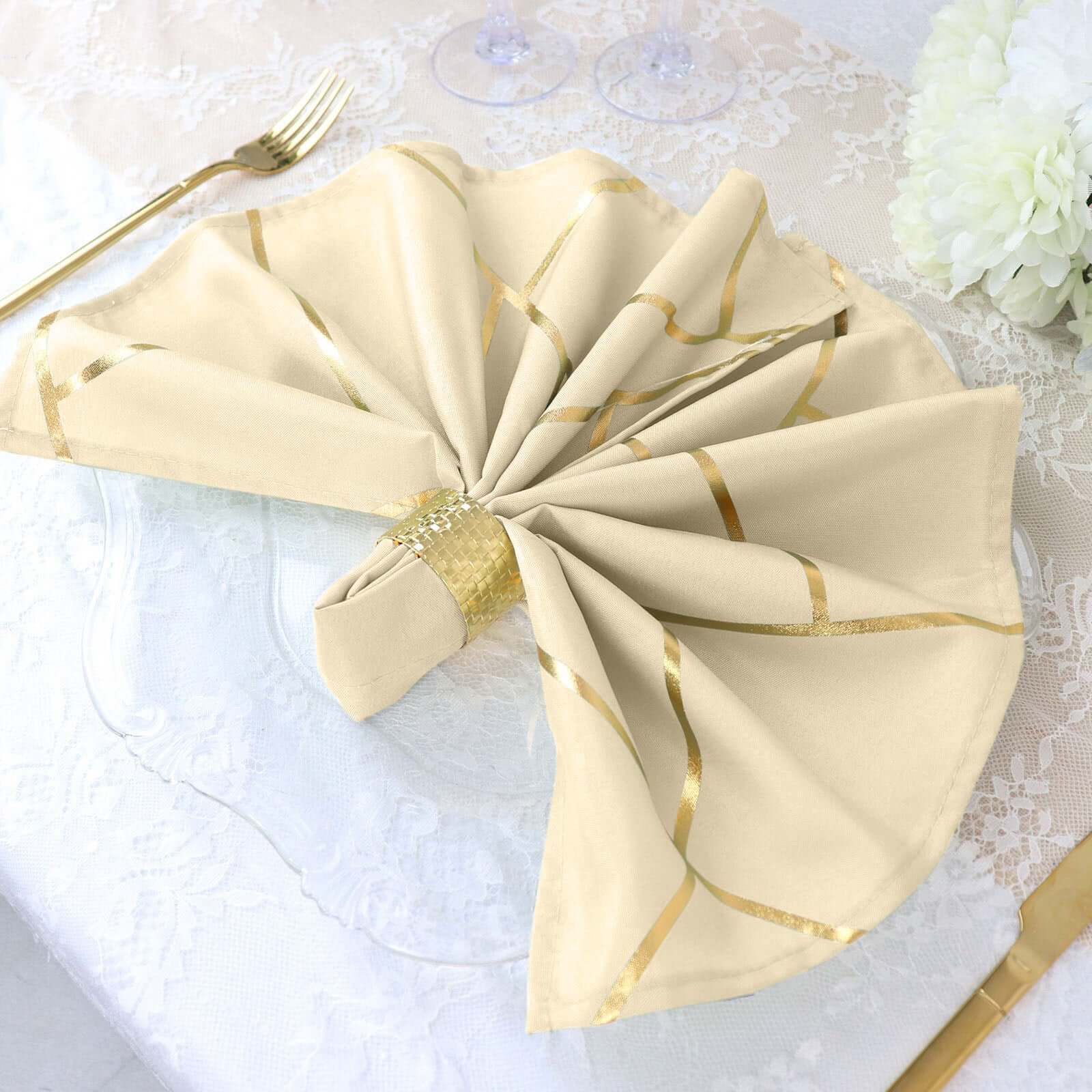 5-Pack Beige Gold Geometric Dinner Napkins | eFavormart.com