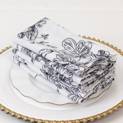 5-Pack French Toile Cloth Napkins – 17"x17" Black and White Reusable Polyester Table Napkins in Floral Design for Events & Dining