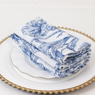 5-Pack French Toile Cloth Napkins – 17"x17" Blue and White Reusable Polyester Table Napkins in Floral Design for Events & Dining