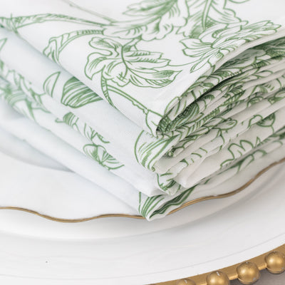 5-Pack French Toile Cloth Napkins – 17"x17" Dusty Sage Green and White Reusable Polyester Table Napkins in Floral Design for Events & Dining