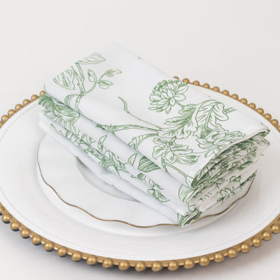 5-Pack French Toile Cloth Napkins – 17"x17" Dusty Sage Green and White Reusable Polyester Table Napkins in Floral Design for Events & Dining
