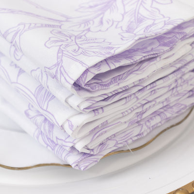 5-Pack French Toile Cloth Napkins – 17"x17" Lavender Lilac and White Reusable Polyester Table Napkins in Floral Design for Events & Dining