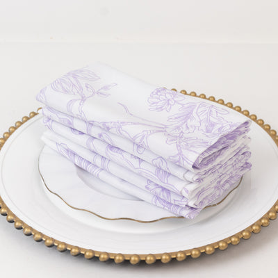 5-Pack French Toile Cloth Napkins – 17"x17" Lavender Lilac and White Reusable Polyester Table Napkins in Floral Design for Events & Dining