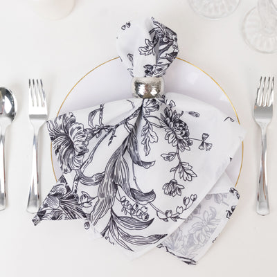 5 Pack Polyester Dinner Napkins 20"x20" White with Black French Toile Pattern - Chic Floral Cloth Napkins