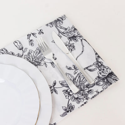 5 Pack Polyester Dinner Napkins 20"x20" White with Black French Toile Pattern - Chic Floral Cloth Napkins