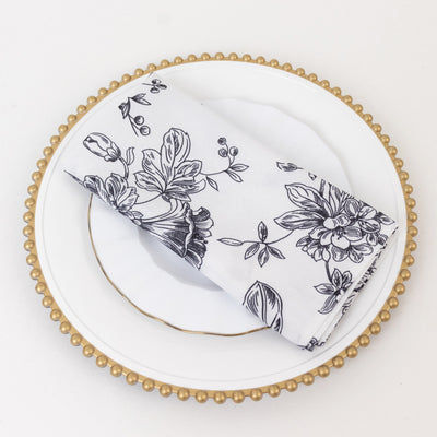 5 Pack Polyester Dinner Napkins 20"x20" White with Black French Toile Pattern - Chic Floral Cloth Napkins