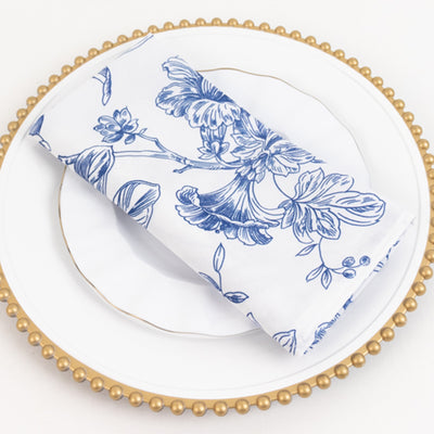 5 Pack Polyester Dinner Napkins 20"x20" White with Blue French Toile Pattern - Chic Floral Cloth Napkins